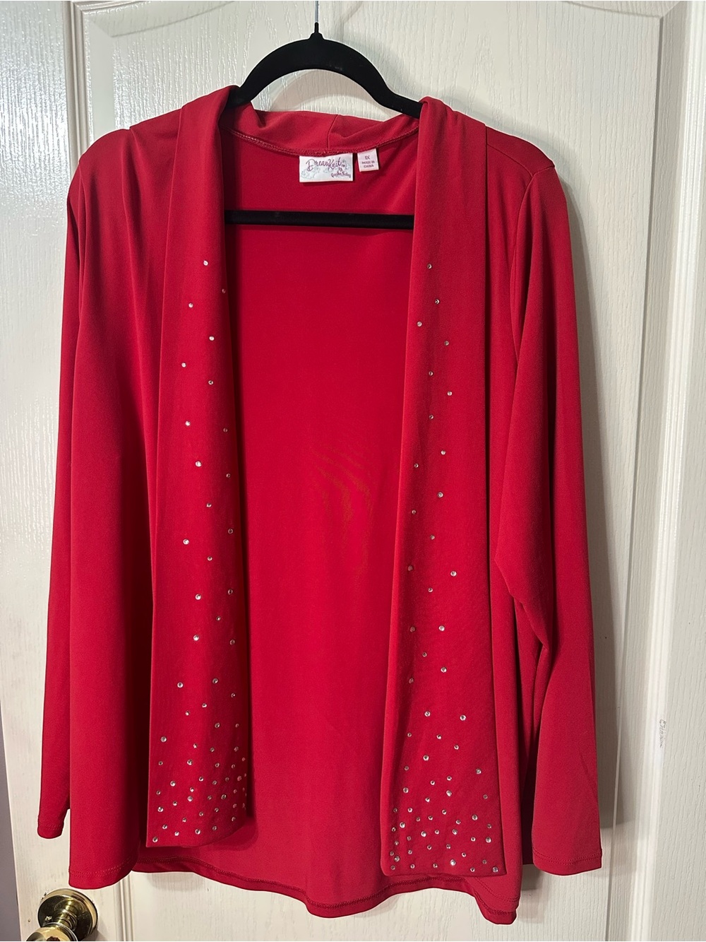 Quacker Factory Red Open-Front Cardigan with Rhinestone Accents